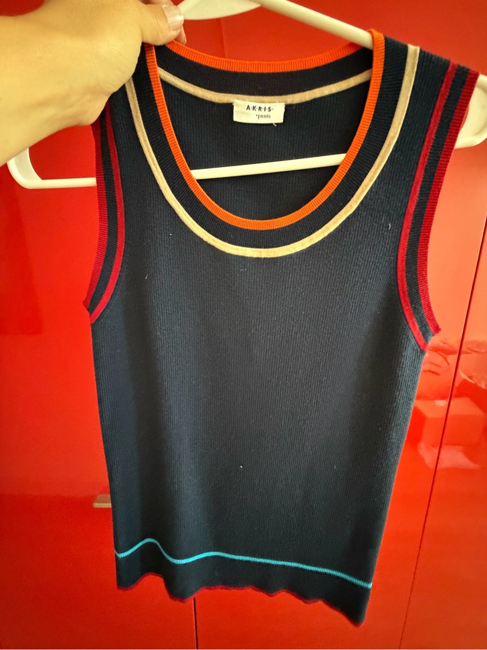 🗽Akris Punto Navy Ribbed Wool Tank with Red, Cream & Turquoise Trim